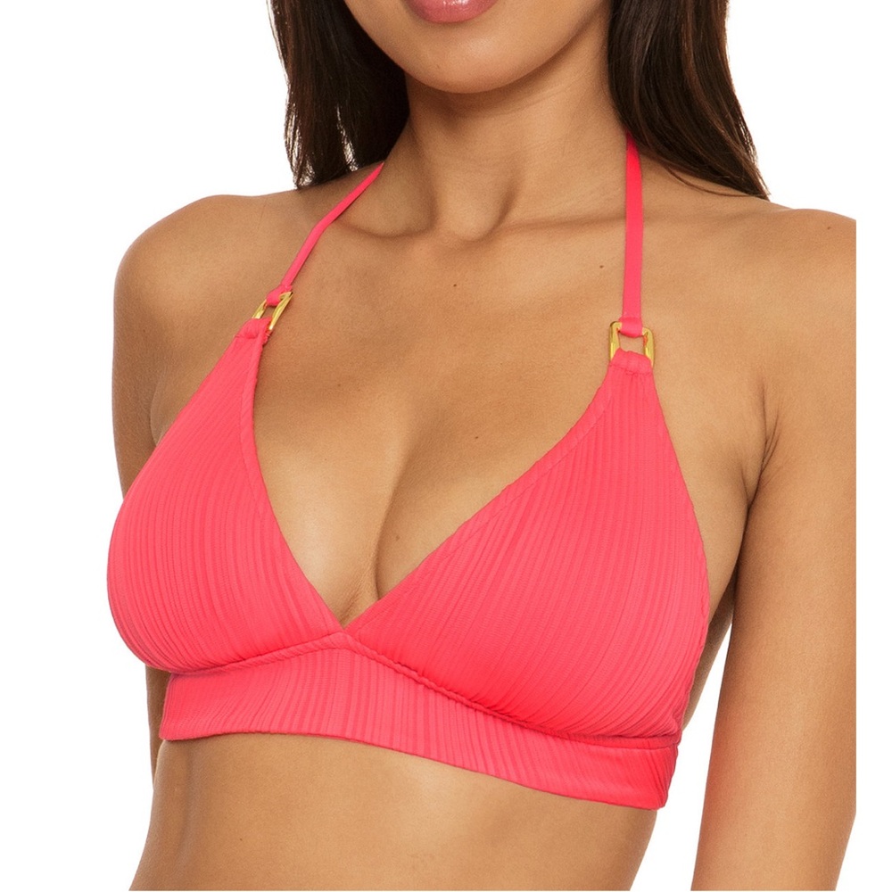 BECCA Coral Ribbed Halter Bikini Top with Gold Accents